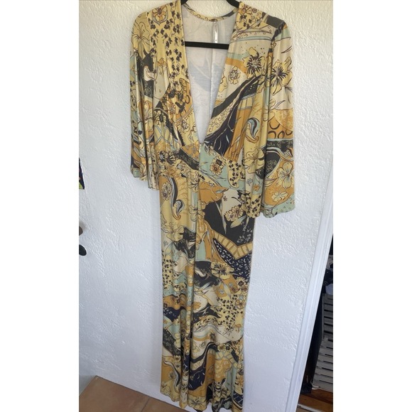 Free People Night Fever Jumpsuit Boho Flared Sleeve Wide Leg Gold NWOT Medium - Picture 2 of 7